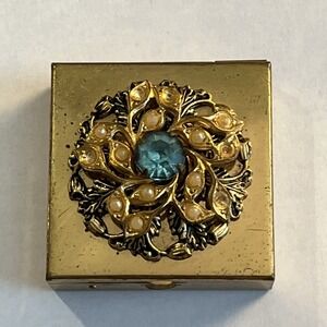 VintageGold Tone Hinged Pill Box Purse Accessory 3D Blue Flower Rhinestone 1.5"